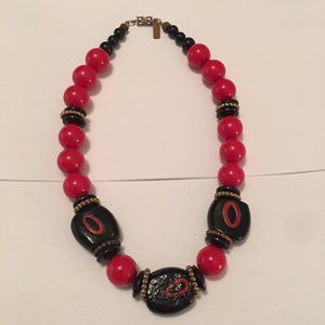 Women's Signed Pauline Rader Costume Necklace Red / Black Beaded